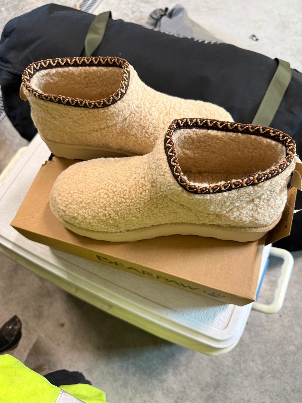 BearPaw Cream Sherpa Ankle Booties with Brown Trim Accent
